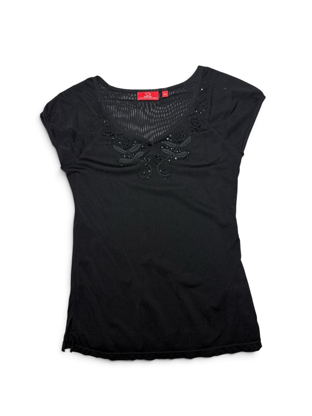 Chic Vintage Oscar de la Renta Black Sequin Women's Mesh Blouse Large